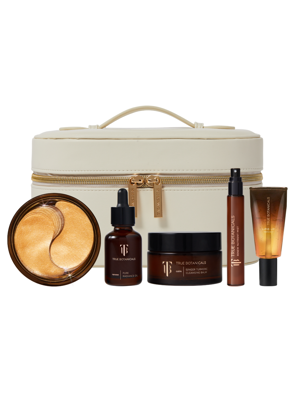 Skincare product set with a cream-colored travel case on a white background