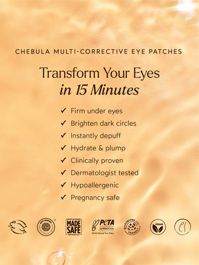 True Botanicals Chebula Multi-Corrective Eye Patches product claims graphic on a warm golden background, listing key benefits: firms under eyes, brightens dark circles, instantly depuffs, hydrates and plumps, clinically proven, dermatologist tested, hypoallergenic, and pregnancy safe. Certification badges include Leaping Bunny, EWG Verified, Made Safe, PETA Approved, Microbiome Friendly, Vegan, and Pregnancy Safe.