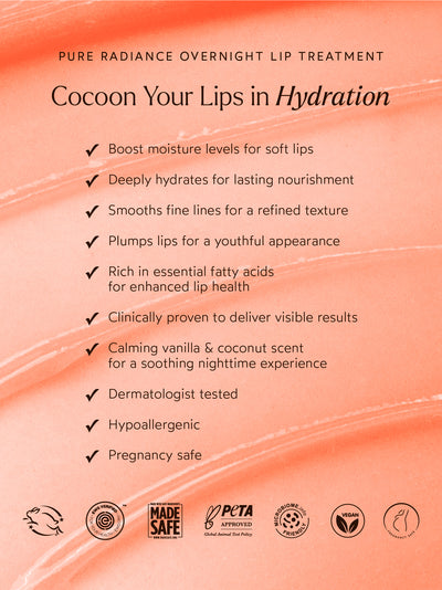 Product benefits graphic for Pure Radiance Overnight Lip Treatment on a coral-pink background, listing 10 features including deep hydration, plumping, and pregnancy-safe formula.