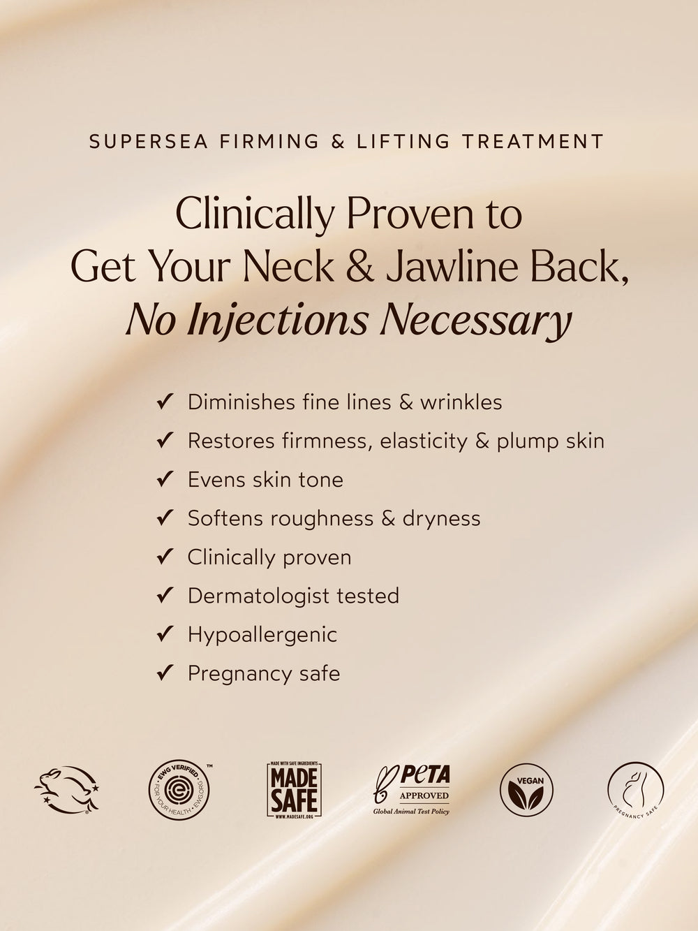 Promotional graphic for SuperSEA Firming & Lifting Treatment highlighting clinically proven benefits for the neck and jawline, including reducing fine lines and wrinkles, improving firmness and elasticity, evening skin tone, and softening dryness, with notes that it is dermatologist tested, hypoallergenic, and pregnancy safe.