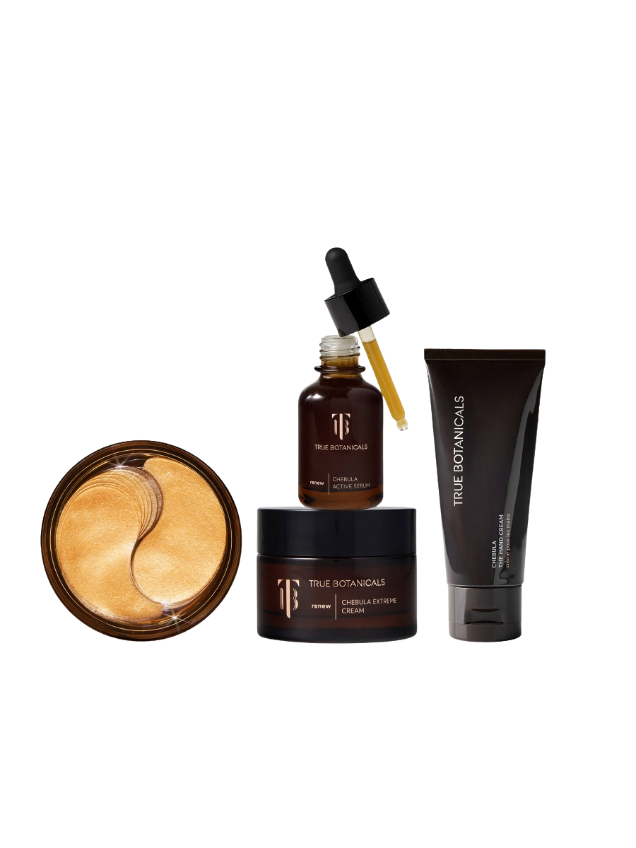 Collection of True Botanics skincare products on a white background. Chebula Effect Set.