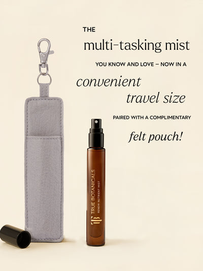 Multitasking mist with a felt pouch on a beige background