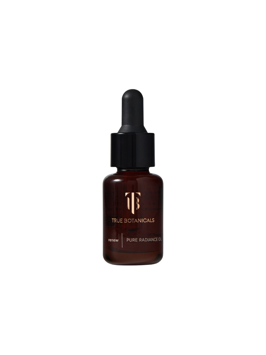 True Botanicals Renew Pure Radiance Oil travel size 15mL deep amber glass dropper bottle with a black rubber bulb top and gold logo, shown on a transparent background.